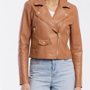 Blank NYC Cropped Brown Faux Leather Moto Jacket with Gold Hardware